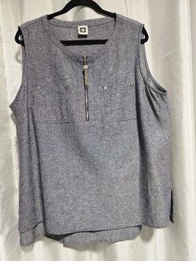 Anne Klein Sleeveless Heathered Blue Linen-blend  Tank- Check Measurements.